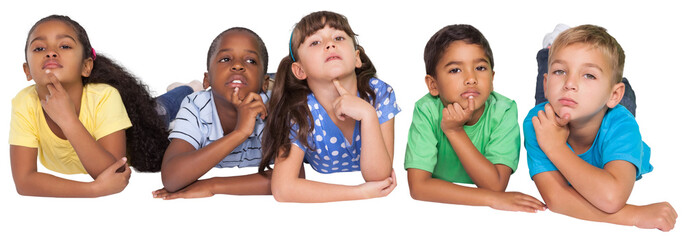 Digital png photo of pensive diverse children lying on transparent background