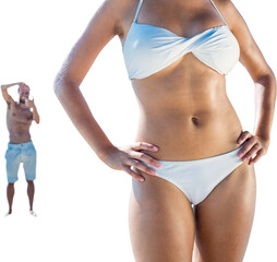 Digital png photo of mid section of woman in bikini and man in distance on transparent background