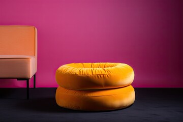 Artificial food decor, unusual donut sofa, bright and unusual. Pink and blue colors.