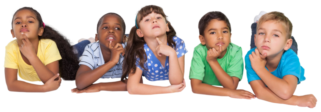 Digital png photo of pensive diverse children lying on transparent background