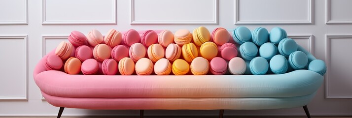 Artificial food decor, unusual macaroons sofa, bright and unusual. Pink and blue colors.