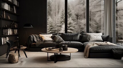 Black monochrome bedroom. Minimalism.