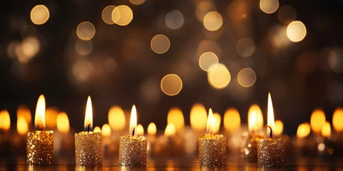 Foto op Plexiglas golden hanukkah menorah on grey jewish abstract religion, magnificent menorah with burning candles, © salahchoayb