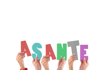 Digital png illustration of hands holding asante text on transparent background