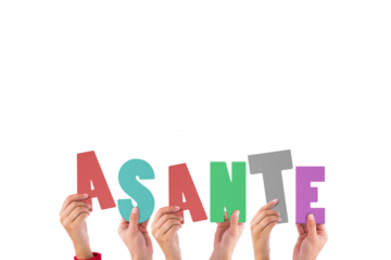 Digital png illustration of hands holding asante text on transparent background