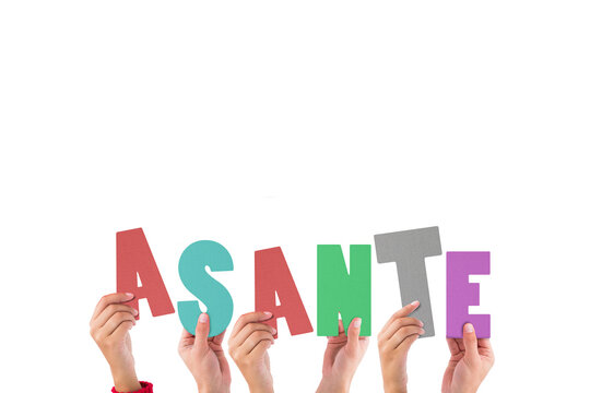Digital png illustration of hands holding asante text on transparent background