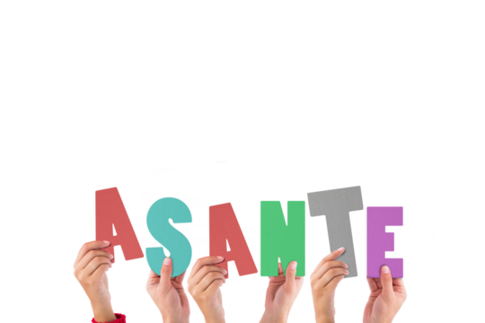 Digital png illustration of hands holding asante text on transparent background