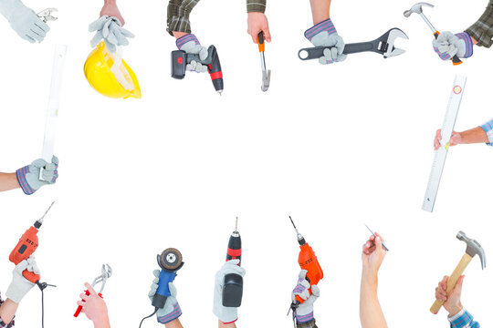 Digital png photo of hands with tools and copy space on transparent background