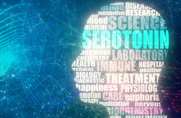 Illustration of a human head textured by words. Serotonin relative tags or keywords cloud