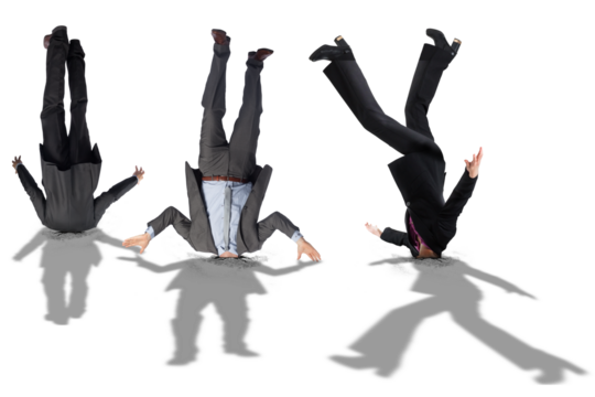 Digital png photo of caucasian business people upside down on transparent background - Powered by Adobe