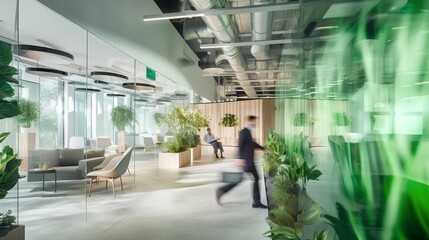 A modern office interior featuring green walls and ecofriendly elements, promoting a sustainable and environmentally conscious workplace culture. A commitment to green living. - obrazy, fototapety, plakaty