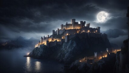 Medieval cityscape shrouded in darkness, where the light of the full moon illuminates the scenery and highlights the majestic old fortress