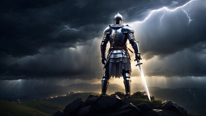 knight standing atop a hill with his shining sword under the glare of lightning in a dramatically stormy setting