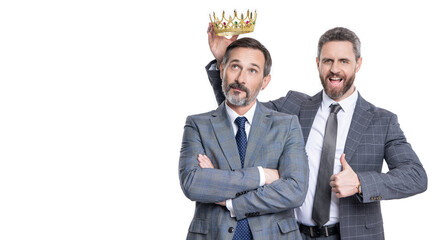 businessman in suit. leadership concept. arrogant business leader man in crown. big boss. business...
