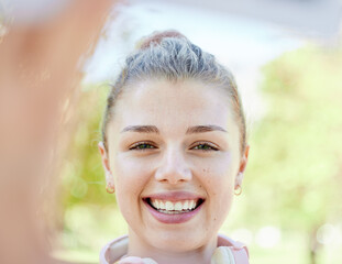 Happy, selfie and portrait of woman with smile in park for wellness, freedom and relaxing on weekend. Nature, outdoors and girl face for picture enjoy calm, peace and happiness on holiday or vacation