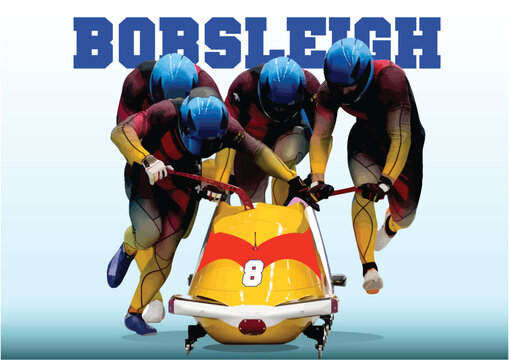 Four men team bobsleigh. 3d vector color illustration