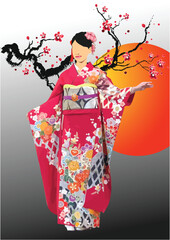 Japanese Geisha. Color 3d Vector illustration.