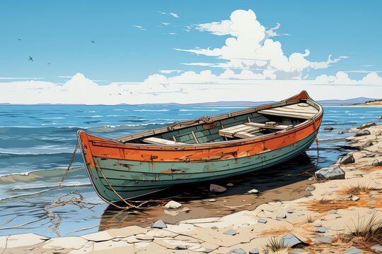 Hand-drawn boat illustration seaside background artist