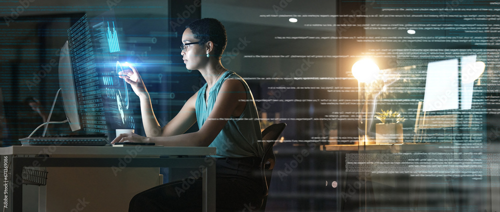 Poster Computer, holographic chart or woman point at finance hud, stock market database or future night overlay. Forex investment dashboard, web data analysis or African trader trading NFT or bitcoin crypto