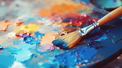 Fototapeta premium A paint brush laying illuminating or glowing paint on canvas. enhancing colors concept