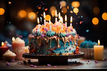 Happy birthday cake candles celebration joyful party - obrazy, fototapety, plakaty