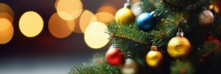 Fototapeta na wymiar Christmas background decoration with beautiful pine trees embellished against a beautiful bokeh light backdrop.