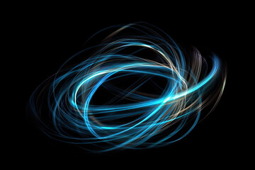 A blue light swirls in a dark room