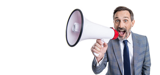 new business announcement. unsatisfied boss shouting at manager isolated on white. businessman announce a problem. attention please. businessman with loudspeaker announce business. copy space