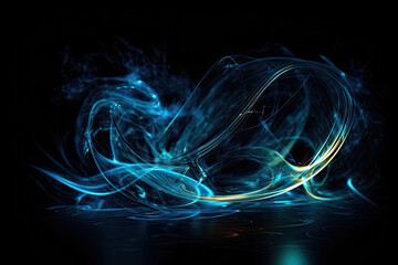 A blue light swirls in a dark room