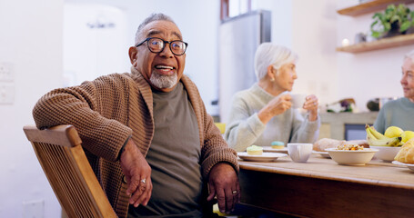 Retirement, tea party and a group of senior people in the living room of a community home for a...