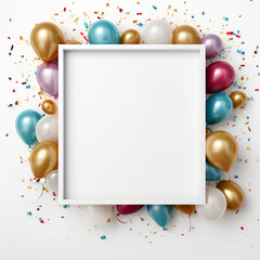 Colorful balloons with confetti and frame, New year, Anniversary and Birthday party decoration, Birthday Party card and background. Generative AI