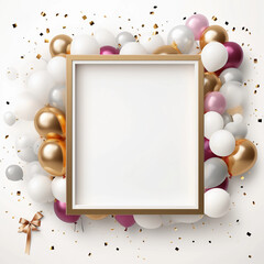Fototapeta na wymiar Colorful balloons with confetti and frame, New year, Anniversary and Birthday party decoration, Birthday Party card and background. Generative AI