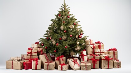 Fototapeta na wymiar Gift boxes around pine tree on white background