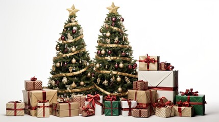 Gift boxes around pine tree on white background