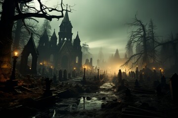 Dark Fantasy Western City, Dark Ambiance and landscape, Gothic Architecture - obrazy, fototapety, plakaty
