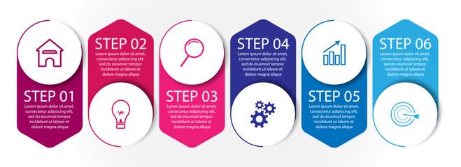 6 step infographic, simple infographic design consisting of six interrelated parts, circle design combined with squares, lines, icons and colors, good for your business presentation