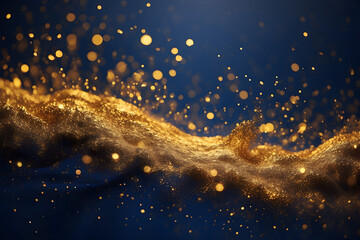 Festive abstract background with shimmering gold particles and twinkling lights and bokeh effect on a deep navy blue background. The gold foil texture is smooth and shiny 
