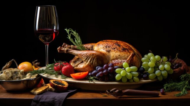 Roasted Chicken with Herb, Fruit and Vegetable Dish on a Black Background