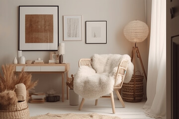 armchair in room with white wall and big frame poster on it. Scandinavian style interior design of modern living room. - obrazy, fototapety, plakaty