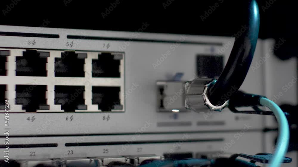 Poster back of server network server rack with blinking led lights. close up, pan shot