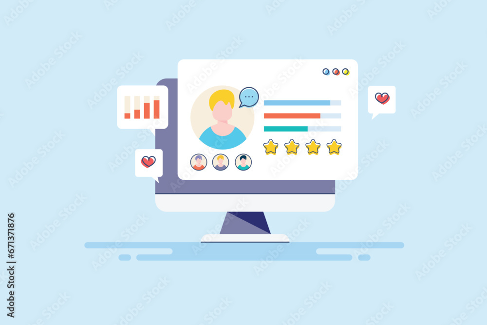 Poster customer profile data analytics, buyer persona information display on computer screen, vector illust