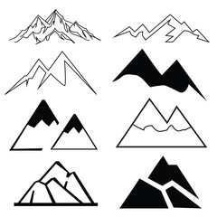 Vector illustration set of simple mountain line icon, silhouette peak of rocky mountains and mountain icon with cloud and sun. eps file 10.