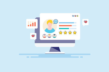 Customer profile data analytics, buyer persona information display on computer screen, vector illustration web banner.