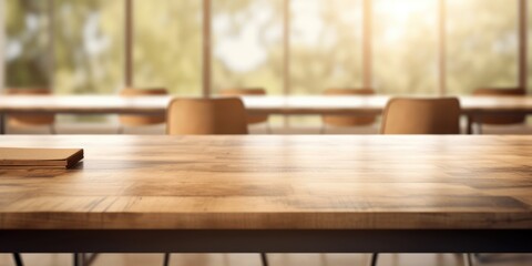 The wooden table top with blur background of classroom. Exuberant image. generative AI - obrazy, fototapety, plakaty