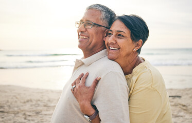 Love, hug and senior couple at beach happy, relax and bond in nature together. Ocean, embrace and...