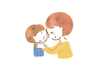お母さんと男の子がおでこをくっつけて熱があるかどうか確かめているイラスト
