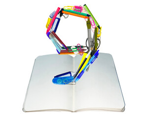 The shape of the number 9 is made of various kinds of stationery isolated on transparent background