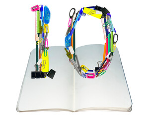 The shape of the number 10 is made of various kinds of stationery isolated on transparent background