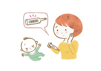 赤ちゃんの熱を測って心配そうなお母さんのイラスト