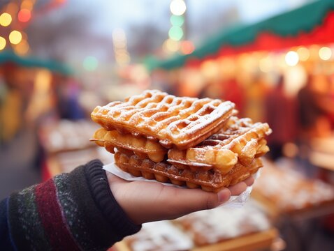 
Churros waffles in a hand on the winter snow market. Churros Mexican street food dessert. Fast food sweets, Christmas fair cookies,